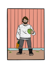 Illustrasjon av en mann i strikkagenser med grønnsaker i hendene.