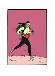 Illustrasjon av en sporty dame som løper med manualer