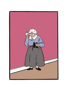 Illustrasjon av en gammel dame som lytter gjennom veggen