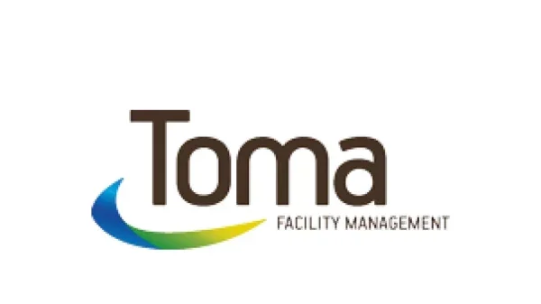 Logo for Toma facility management med ordet "Toma" i brunt med en stilisert flerfarget swoosh under.