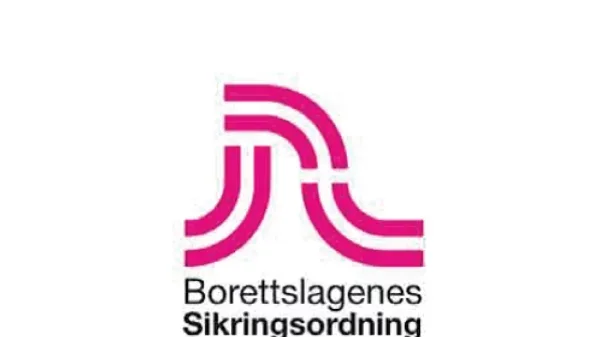 Logo for borettslagenes sikringsordning med stiliserte rosa linjer over navnet i grå tekst med styrefordeler-ikon.