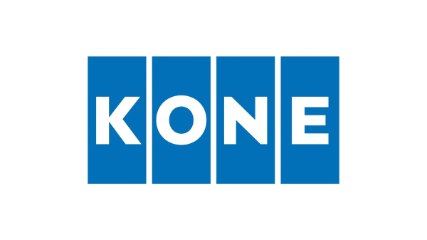 Logo for Kone, med firmanavnet "kone" med hvite bokstaver på blå bakgrunn.
