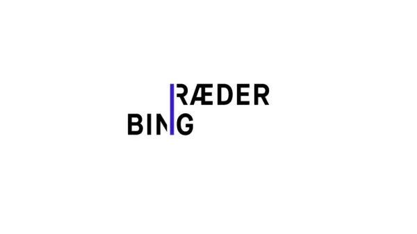 Logo med teksten "Ræder Bing" i svart, med bokstaver i sort, krysset av en vertikal lilla stripe.