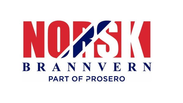 NORSK Brannvern-logo med rød og blå tekst, med en stilisert diagonal stripe som symboliserer styrefordeler, og taglinen "Part of Prosero" under.